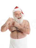 a half naked santa claus is taking care for his beard
