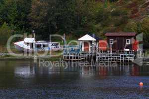 Winterized fishing dock and cabins in Quidi Vidi Harbor, Newfoundland.