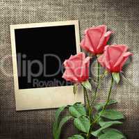 Polaroid-style photo on a linen background  with red roses