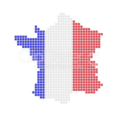 Karte von Frankreich aus Pixeln in blau, weiß und rot