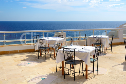 the sea view outdoor terrace of restaurant at luxury hotel, shar