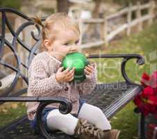 toddler child sitting on bench with christmas ornament outside