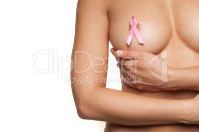 naked woman wearing a pink breast cancer ribbon