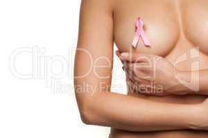 naked woman wearing a pink breast cancer ribbon