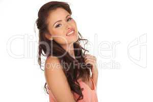 happy relaxed young woman in pink top