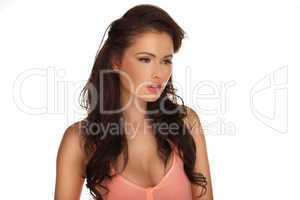 happy relaxed young woman in pink top