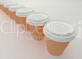 a row of paper coffee cups.