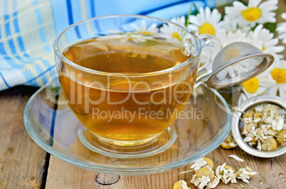 herbal chamomile tea dry in a strainer with a glass cup