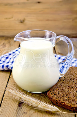 milk in a jug with rye bread and a blue cloth