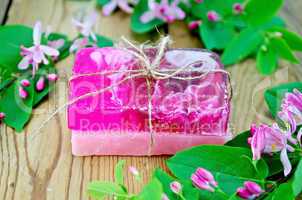 soap homemade pink with flowers of honeysuckle