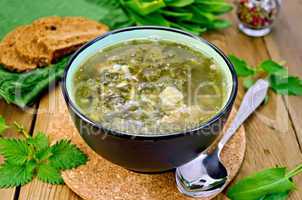 soup green of sorrel and nettles with bread on the board