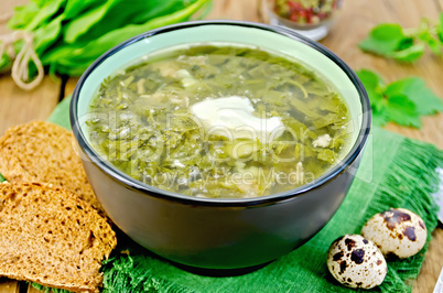 soup green of sorrel and nettles with eggs on the board