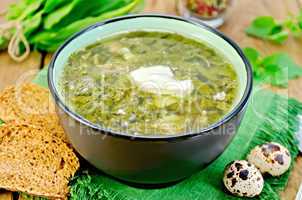 soup green of sorrel and nettles with eggs on the board