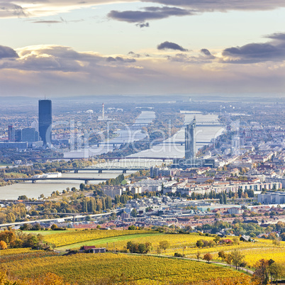 Cityscape of Vienna and Danube in the autumn at dusk
