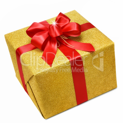 goldene geschenkpackung mit roter schleife