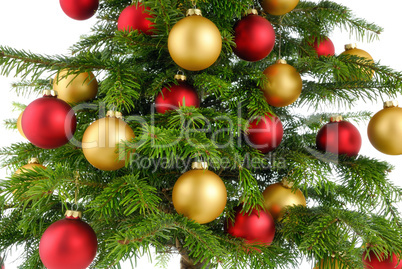 ausschnitt eines rot und gold geschmückten weihnachtsbaums
