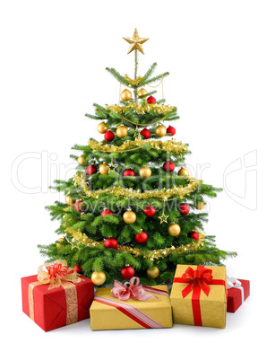 dichter weihnachtsbaum mit geschenken, in rot und gold