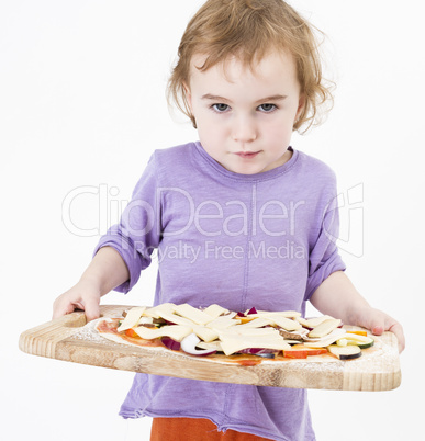 cute girl carrying fresh pizza