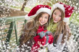 two smiling women santa hats holding a wrapped gift