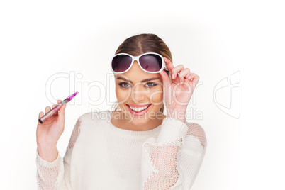 happy woman smoking e-cigarette