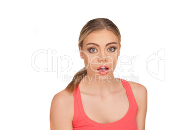 portrait of a shocked woman on white background