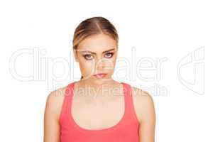portrait of an irritated woman on white background
