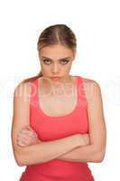 portrait of a sulking woman on white background