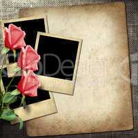 polaroid-style photo on a linen background  with red roses