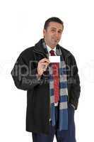 man showing business card.