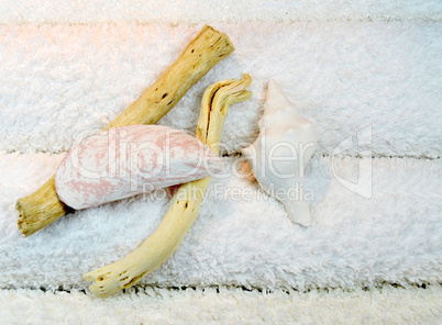 A pile of light-colored towels