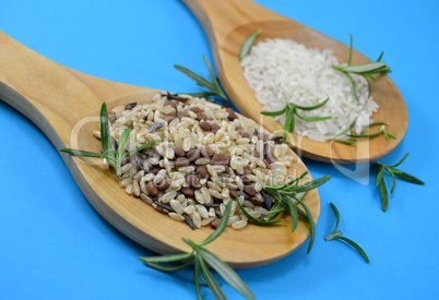 Different types of rice in wooden spoons