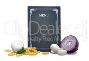 chalkboard menu in retro look with fresh vegetables and pasta