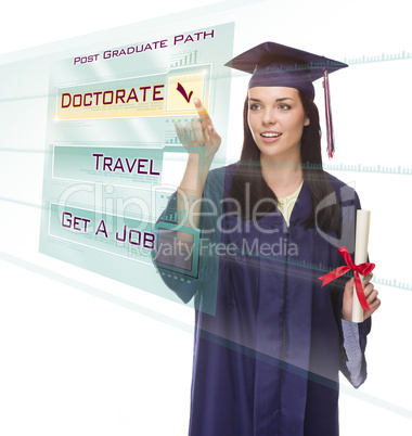 young female graduate choosing doctorate button on translucent p