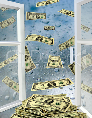 opened window with drops of water and dollars