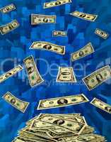 dollars flying away on blue abstraction