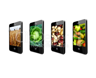 mobile phones with images of different vegetables