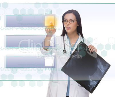 female doctor or nurse pushing blank button on panel