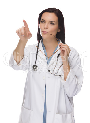 female doctor or nurse pushing button or pointing, copy room