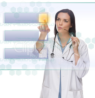 female doctor or nurse pushing blank button on panel