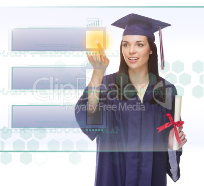female graduate pushing blank button on panel with copy room