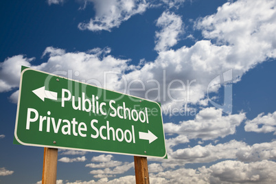 public or private school green road sign over sky