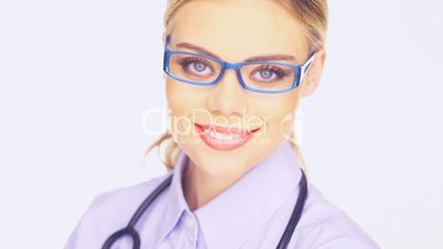 Young female doctor in trendy glasses