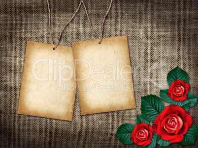 Polaroid-style photo on a linen background  with red roses in vintage style
