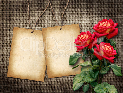 Card for invitation or congratulation with red roses  in vintage style