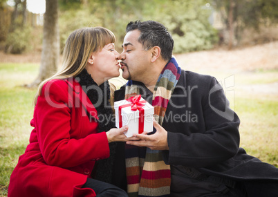 mixed race couple sharing christmas or valentines day gift outsi