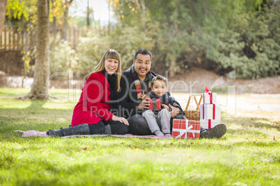 mixed race family enjoying christmas gifts in the park together