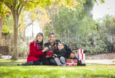 mixed race family enjoying christmas gifts in the park together