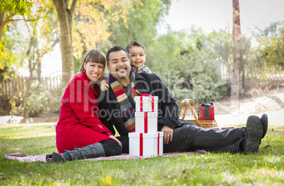 mixed race family enjoying christmas gifts in the park together