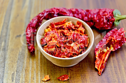 pepper red hot chili in a wooden bowl on a board