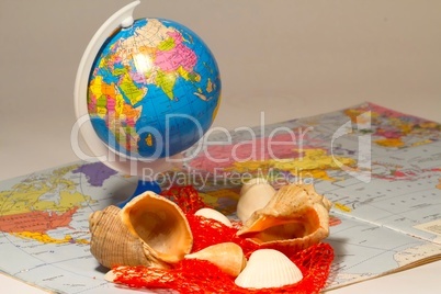 seashells and small globe on a book with a geographical map.